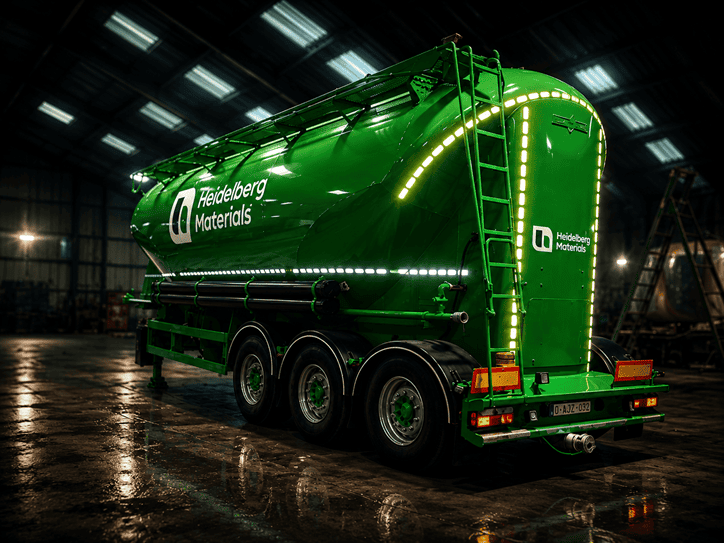 Heidelberg Materials bulktrailer in groen, professioneel gefotografeerd in industriële hal met cinematic effect.