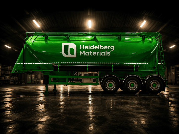 Heidelberg Materials bulktrailer in groen, professioneel gefotografeerd in industriële hal met cinematic effect.